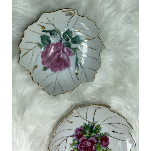 Vintage Trinket Dish Victorian Leaf Shaped Pink Roses With Gilded Trim Set Of 2 - Picture 5 of 8